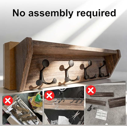SKOLOO Wall Shelf with Hooks, 24-Inch, Weathered Brown | Coat Rack Wall Mount with Shelf, Heavy Duty, 4 Tri Hooks, Perfect for Entryway, Hallway, Living Room, Bedroom, Mudroom