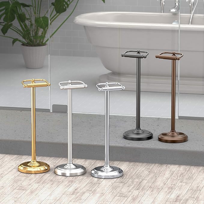 Gatco 1436C Toilet Paper Holder Stand, Chrome Finish, Freestanding Bathroom Floor Stand, Pedestal, Weighted Base, 22 Inch