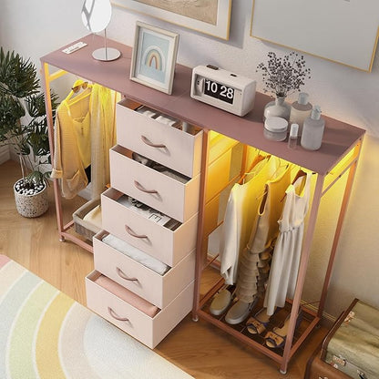 Dresser for Bedroom with Clothes Rack 5 Drawer Dresser with Charging Station LED Lights White Chest of Drawers Flexible Shelf and Open Storage Space for Bedroom Living Room (Pink)