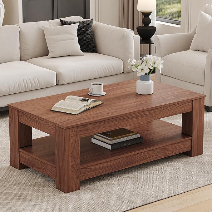 LKTART 43.3" Coffee Table with Storage, 2-Tier Mid Century Rectangular Accent Table with Thick Tabletop, Rustic Style Cocktail, Center Table for Living Room, Office, Apartment (Walnut)