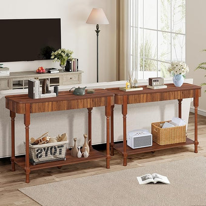 Fluted Console Table for Entryway, 43.3'' Narrow Entryway Tables with 2 Wooden Drawers, Retro Sofa Table Behind Couch Accent Tables for Foyer, Living Room, Hallway (Walnut)