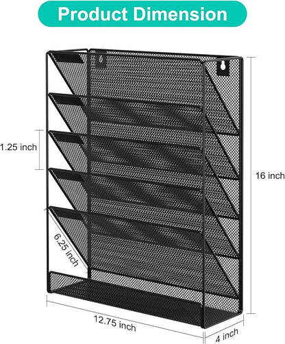 EasyPAG 5 Tier Wall File Holder, Mesh Hanging Folder Organizer with Classify Label, Versatile Desk File Holder, Vertical Wall Mounted Mail Organizer for Office Home Cubicle, Black