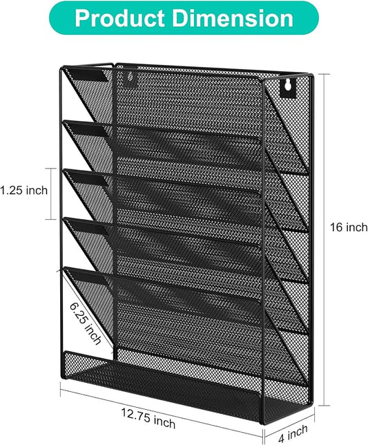 EasyPAG 5 Tier Wall File Holder, Mesh Hanging Folder Organizer with Classify Label, Versatile Desk File Holder, Vertical Wall Mounted Mail Organizer for Office Home Cubicle, Black