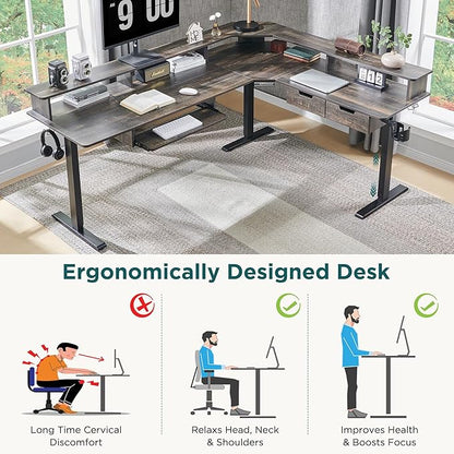 RedLemon 75X60 Inches L Shaped Electric Standing Desk,Height Adjustable Corner Gaming Desk with Drawers, Keyboard Tray, Power Outlets & LED Lights, Computer Desk with Monitor Shelf, Dark Rustic Oak