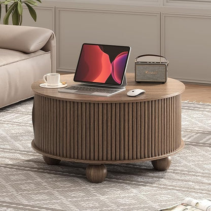 JOINICE Round Coffee Table with Storage, 31.5" Walnut Fluted Drum Center Table, Mid Century Modern Wood Circle Table with Sliding Door & Bun Feet for Living Room