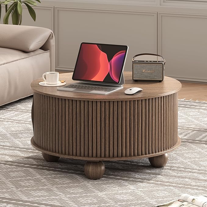 SULIVES Round Coffee Table with Storage, Unique Circle Coffee Table with Sliding Door,Fluted Accent Center Table with Bun Feet for Living Room, Walnut