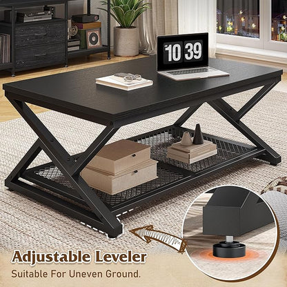 EnHomee Black Coffee Table with Storage, Modern Coffee Tables with Mesh Shelf, 2 Tier Minimalist Industrial Center Table for Living Room, Office, 39.4 Inch, Black Oak