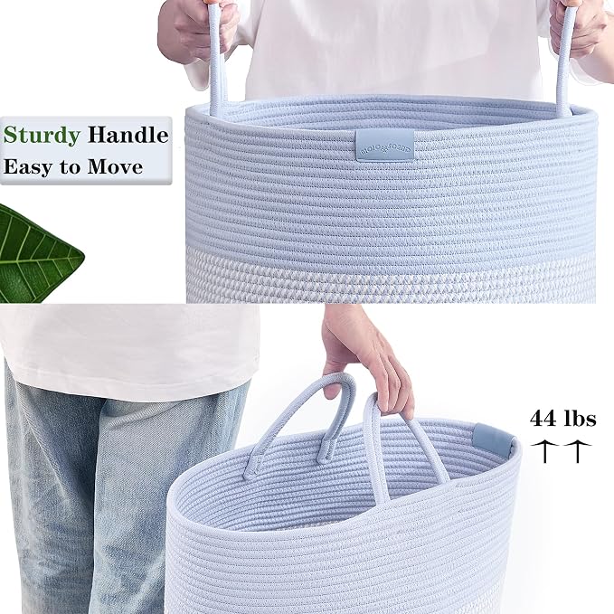 80L Extra Large Blue Laundry Hamper Basket, Tall Woven Hamper for Bedroom, Cotton Rope Laundry Basket for Clothes, 16x22 Inches