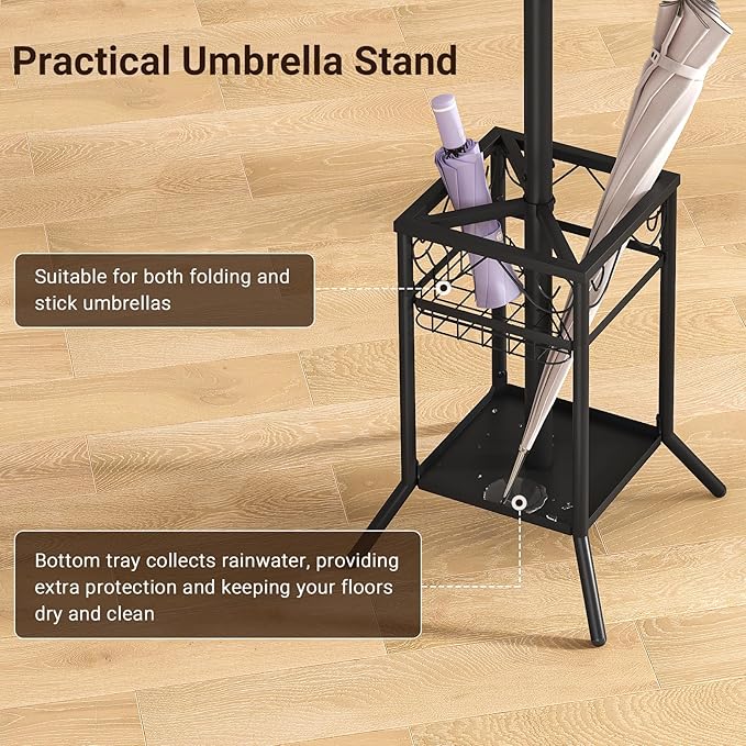 ELYKEN Coat Rack Freestanding, Metal Coat Rack Stand with Umbrella Holder, Modern Coat Tree with 12 Hooks, Floor Standing Corner Hall Tree for Entryway Living Room Bedroom Office, Brown