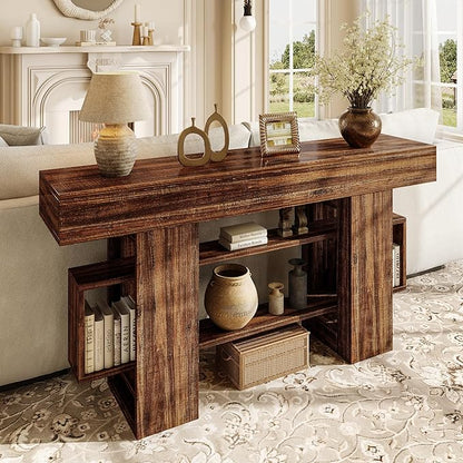 63 Inch Long Console Table for Entryway, Farmhouse Wooden Sofa Table Behind Couch with 3-Tier Storage Shelf, Narrow Entry Accent Table for Living Room, Hallway, Foyer, Vintage Brown