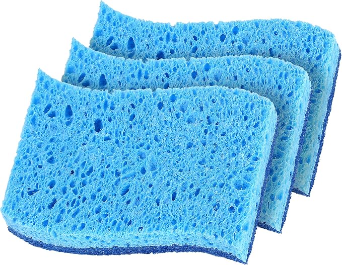 Superio Non-Scratch Cellulose Sponge Kitchen Scrub Sponges with Scouring Pad Set, Good for Non-Stick Cookware Frying Pan, Pot, Counter Top, Sink Scrubbing, Kitchen Scrubbers, Pack of 3, Blue