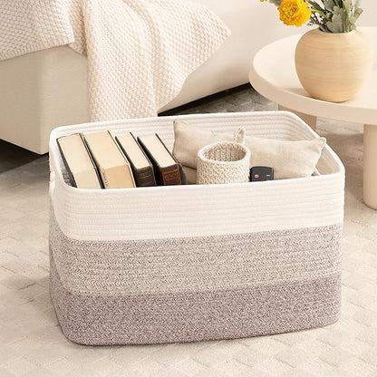 86L Extra Large Laundry Basket with Leather Handles for Living Room Storage,Woven Rope Baskets for Blanket,Kids Toy,Gifts,Wicker Hamper for Bedroom Dirty Clothes,24"x16"x14"Gradient Brown