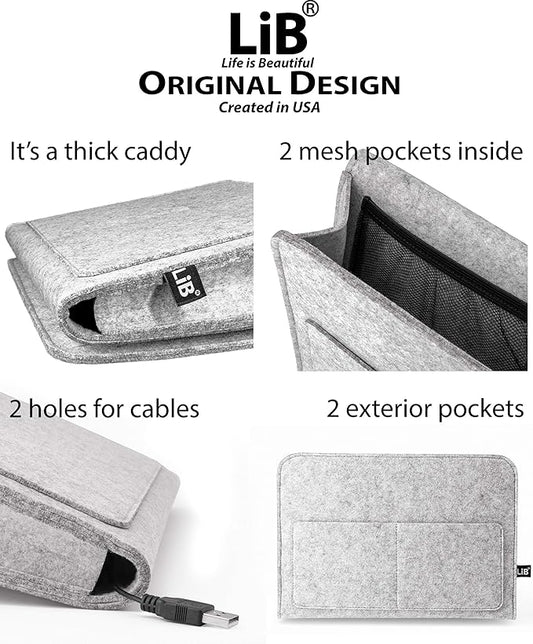 Lib Bedside Caddy, Original Design | Large Size 9.5" x 13.5" | Laptop Holder | 100% Handmade | College Room, Kids Bunk Bed, Hospital Bed | Night Hanging Storage Organizer (Light Gray)