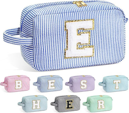 YOOLIFE Birthday Gifts for 6 7 8 9 10 11 12 13 14 15 Year Old Teen Girl - Initial Makeup Bag Letter Toiletry Pouch Cosmetic Case, Personalized Teen Girl Gifts Trendy Stuff Party Favor, Blue E