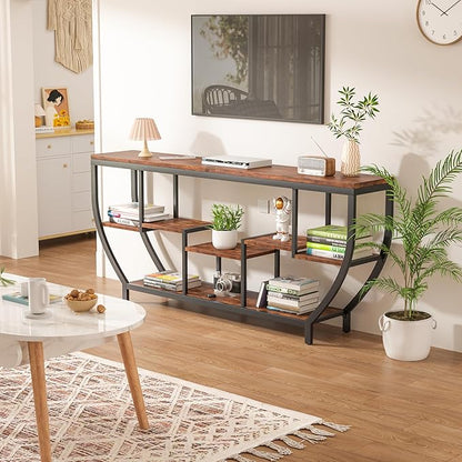 70.86" Extra Long Console Table Sofa Table & Storage Shelves Entryway Table Industrial TV Stand, Metal Frame Behind Couch Table for Foyer, Hallway, Entrance (Brown)