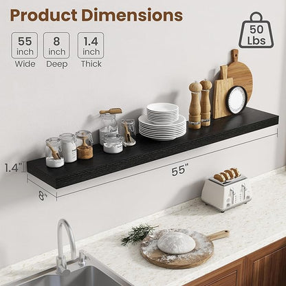 55 Inch Floating Shelves for Wall, 8 Inch Deep Floating Shelf for Storage & Display, Rustic Wall Mounted Shelf with Invisible Brackets for Living Room, Kitchen, Bathroom, Home Decor, Set of 2, Black