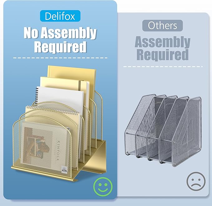 Inclined Desk File Organizer, 5-Section Vertical File Folder Holder Stand Metal Rack File Sorter for Office Classroom Desktop Organization (Gold, 2Pack)