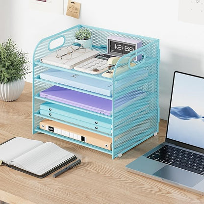 5 Tier Paper Organizer with Handle, Blue Metal Mesh Desk Organizer File Folder Paper Letter Tray Desktop Document Sorter for Classroom, School, Office Accessories Organization and Storage