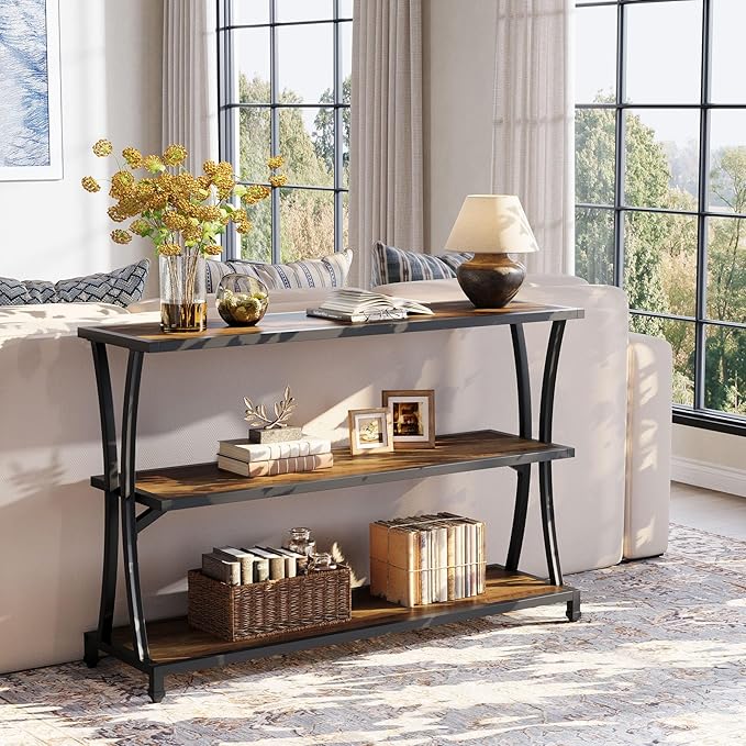 Tribesigns Industrial 3-Tier Console Table, Rustic Narrow Entryway Sofa Table with Storage Shelves for Living Room, Hallway, Foyer