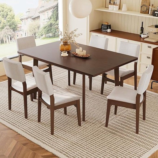 7-Piece Dining Set Modern Dinner Table set for 6, Wood Dining Table with 6 Upholstered Chairs, 60" Rectangular Table with Stackable Chairs Padded Seat Backrest for Dining Room Kitchen Apartment
