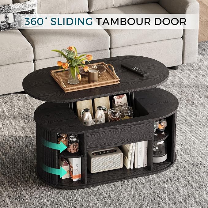 LINSY Lift Top Coffee Table, Oval Fluted Coffee Table with Storage, Mid Century Modern Wooden Coffee Tables with Sliding Tambour Door, 39" Center Table for Living Room, Office, Small Space, Black