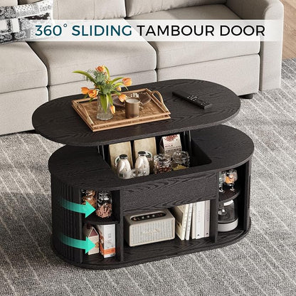 LINSY Lift Top Coffee Table, Oval Fluted Coffee Table with Storage, Mid Century Modern Wooden Coffee Tables with Sliding Tambour Door, 39" Center Table for Living Room, Office, Small Space, Black
