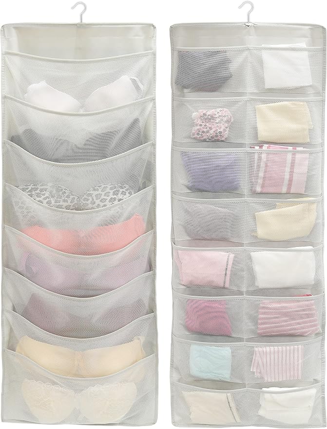 Simple Houseware Double-Sided Hanging Closet Organizer, 24-Pocket Bra & Underwear Storage with Rotating Hanger, Mesh Fabric, Gray, 1 Pack