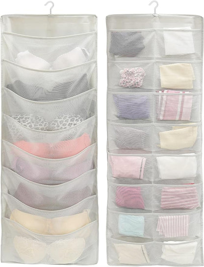 Simple Houseware Double-Sided Hanging Closet Organizer, 24-Pocket Bra & Underwear Storage with Rotating Hanger, Mesh Fabric, Gray, 1 Pack