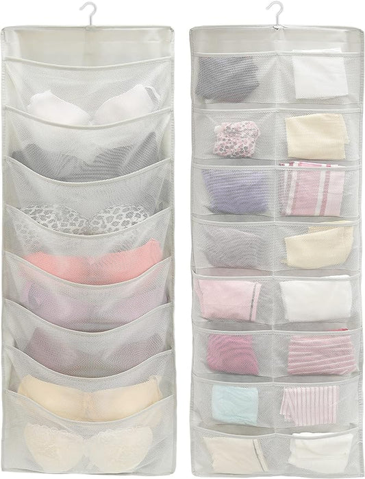 Simple Houseware Double-Sided Hanging Closet Organizer, 24-Pocket Bra & Underwear Storage with Rotating Hanger, Mesh Fabric, Gray, 1 Pack