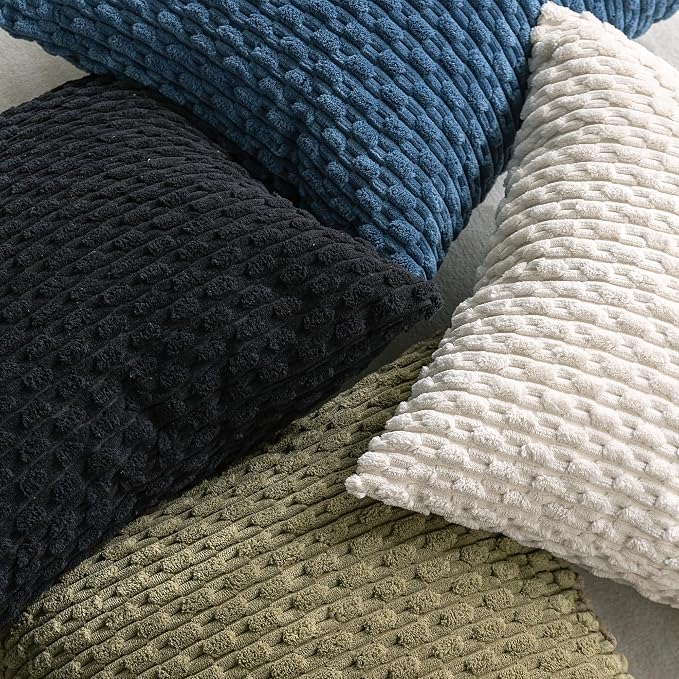 Set of 4 Black Decorative Throw Pillow Covers 16x16 Inch Corduroy Pillow Covers for Bed Couch Sofa Living Room Soft Square Cushion Cases
