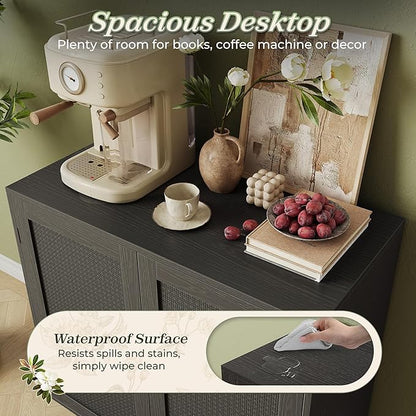 Huuger Buffet Cabinet with Storage, Storage Cabinet with PE Rattan Decor Doors, Accent Sideboard Buffet with Solid Wood Feet, for Hallway, Entry, Living Room, All Black