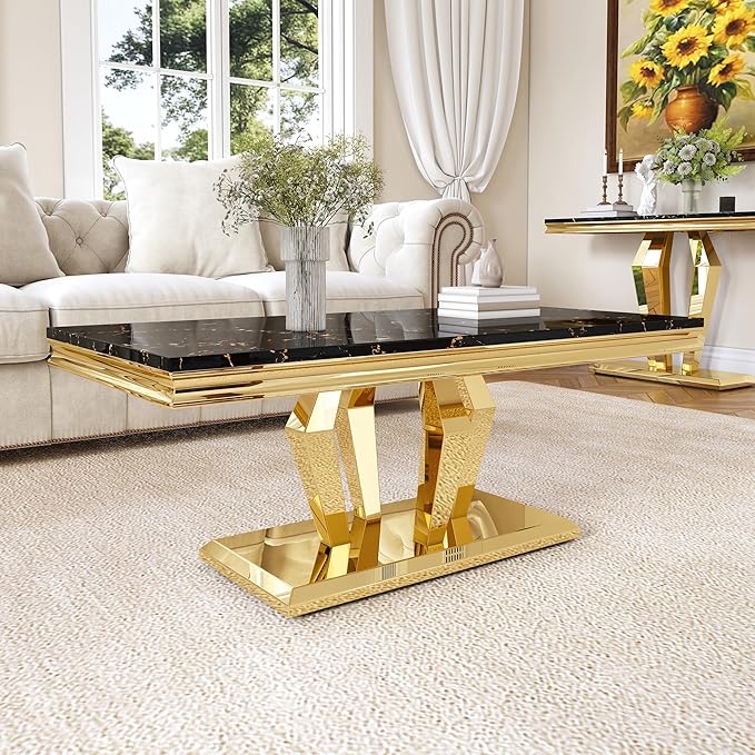 Modern Marble Coffee Table, 47" Living Room Table with Diamond-Shape Stainless Steel Base and Thickened Faux Marble Top for Living Room, Bedroom, Lounge (Gold,Black)