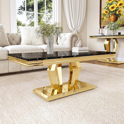 Modern Marble Coffee Table, 47" Living Room Table with Diamond-Shape Stainless Steel Base and Thickened Faux Marble Top for Living Room, Bedroom, Lounge (Gold,Black)