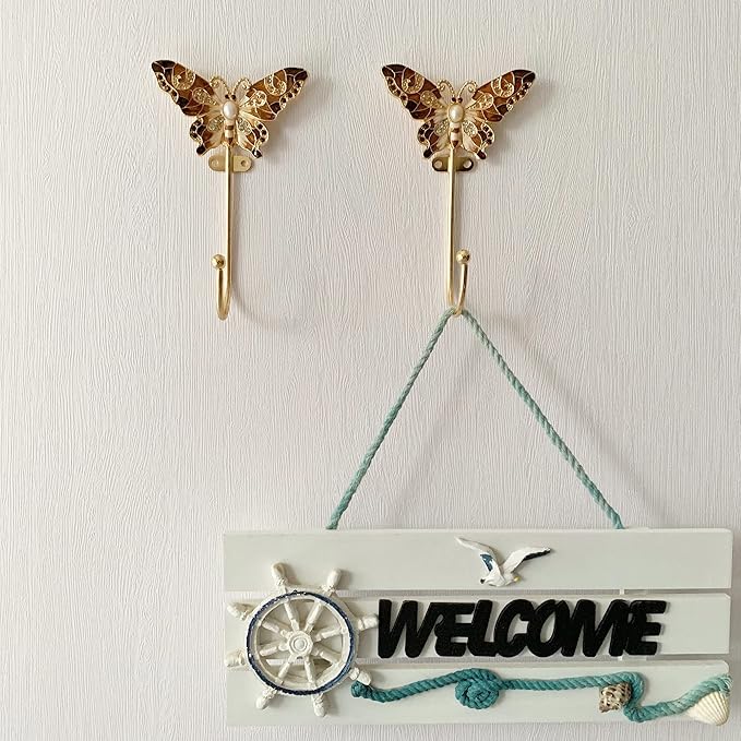 Vintage Butterfly Decorative Wall Hooks Rack Hangers for Hanging Clothes Coats Towels Keys Hats, 2 Pack Antique Metal Mounted Wall Hook