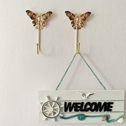 Vintage Butterfly Decorative Wall Hooks Rack Hangers for Hanging Clothes Coats Towels Keys Hats, 2 Pack Antique Metal Mounted Wall Hook