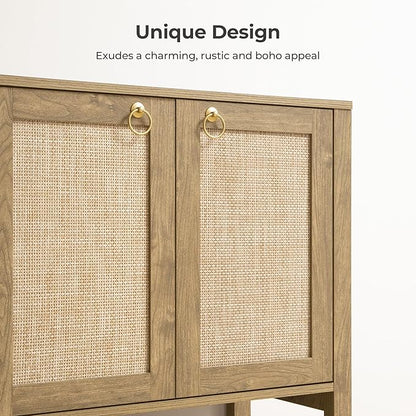 SICOTAS Rattan Sideboard Buffet Cabinet with Open Storage - Large Storage Cabinet with 4-Doors and Adjustable Shelves, Boho Credenza Coffee Bar Cabinets Buffet Table Console Table for Kitchen,Hallway