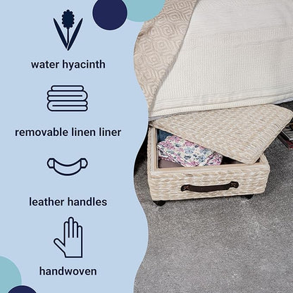 happimess BSK1006D Chett 26.38" Minimalist Hand-Woven Hyacinth/Wood Underbed Storage Bin with Wheels and Handles, White Wash/Dark Brown for Storage and Decoration in Bathroom, Bedroom, Living Room