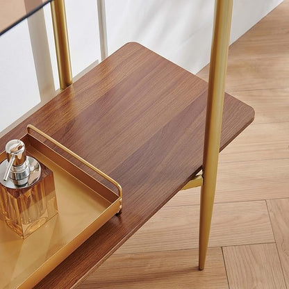 Rectangle Glass Console Table, Mid-Century Modern Design, L41*W14*H32 inch, for Living Room, Amber Glass Top and Walnut Finish Wood Shelf, Conical Metal Legs with Gold Finish