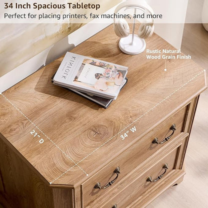 T4TREAM 34" Lateral File Cabinet Set of 2 w/2 Drawers, Farmhouse Filing Cabinet w/34 Wide Wooden Tabletop & Smooth Rails, Holds Letter/Legal, Hexagonal Design & Framed Drawer Fronts, Light Knotty Oak