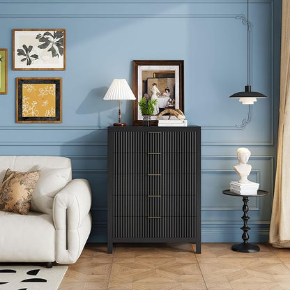43" 5 Drawer Dresser Tall Dresser Organizer TV Drawer Cabinet Modern Wood Storage Cabinet, Modern Wood Storage Cabinet for Bedroom, Hallway, Entryway, Black