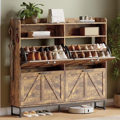 Shoe Cabinet with 4 Flip Drawers, Freestanding Hidden Shoe Storage Organizer for Entryway, Narrow Slim Shoe Rack Cabinet with Open Storage & Hooks for Front Door Entrance, Living Room, Hallway, Brown