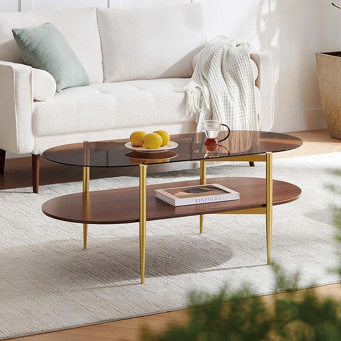 Oval Glass Coffee Table, Mid-Century Modern Design, L42*W22*H17 inch, for Living Room, Amber Glass Top and Walnut Finish Wood Shelf, Conical Metal Legs with Gold Finish