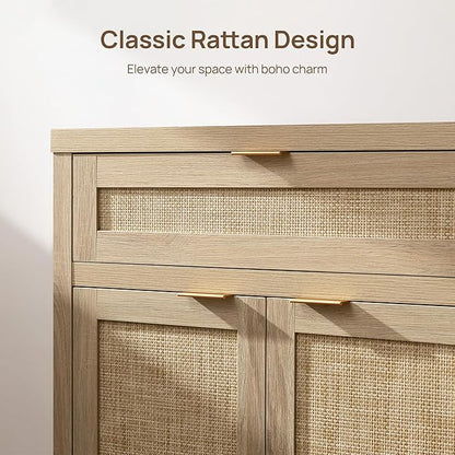 SICOTAS Sideboard Buffet Storage Cabinet, Rattan Accent Cabinet with Doors and Drawer, Boho Credenzas Buffet Table Console Coffee Bar Cabinets for Entryway Living Room, Natural