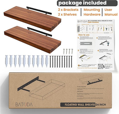 BATODA Set of 2 24" Acacia Wood Floating Shelves Wall Mounted – Rustic Farmhouse Wooden Wall Storage Shelf for Bedroom, Kitchen, Home Décor - Brackets and Shelving Hardware Included