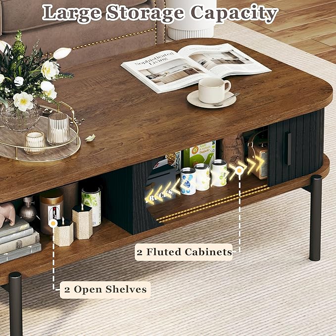 Coffee Table, 39.4" Mid Century Modern Coffee Tables for Living Room, Coffee Table with Storage Open Shelf, Fluted Table with Sliding Cabinet Door, 2-Tier Rustic Wood Desktop, Black & Walnut