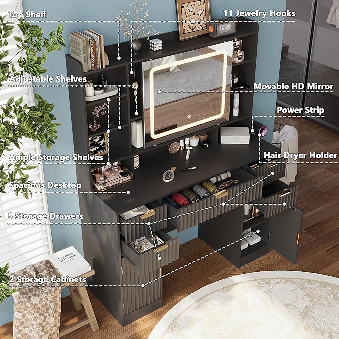 43.3" Fluted Vanity Desk with Mirror and Lights, Wood Makeup Vanity Desk with Charging Station & Mobile Mirror, Modern Dressing Table with Adjustable Shelves & Jewelry Hooks for Girls, Women, Black