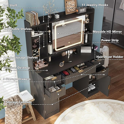 43.3" Fluted Vanity Desk with Mirror and Lights, Wood Makeup Vanity Desk with Charging Station & Mobile Mirror, Modern Dressing Table with Adjustable Shelves & Jewelry Hooks for Girls, Women, Black