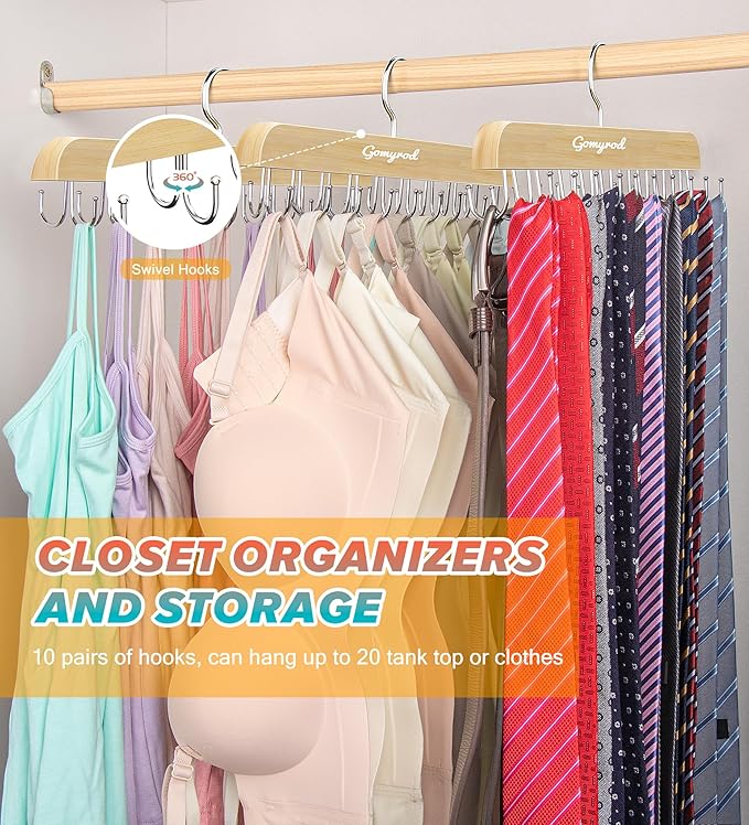 Gomyrod Bra Hanger for Closet, Tank Top Hanger w/20 Hooks Capacity Foldable Wood Space Saving Hangers, 360°Rotating Closet Organizers and Storage for Dorm & Apartment for Bra Scarf Ties(1 Pack)