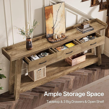 Tribesigns 70.9-Inch Sofa Table with 3 Drawers, 2-Tier Extra Long Farmhouse Console Table with Raised Baffle and Storage Shelves for Living Room, Hallway, Entryway, Entrance, Rustic Brown