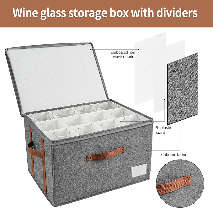 Stemware Storage Cases,Wine Glass Storage Box,with Dividers,Holds 12 Red or White Wine Glasses, Durable Glassware Storage Containers for Crystal or Stemware (Grey red, 2 Stemware storage cases)